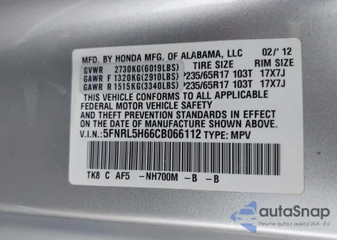 2012 Honda Odyssey Ex-L from USA, damaged, VIN 5FNRL5H66CB066112